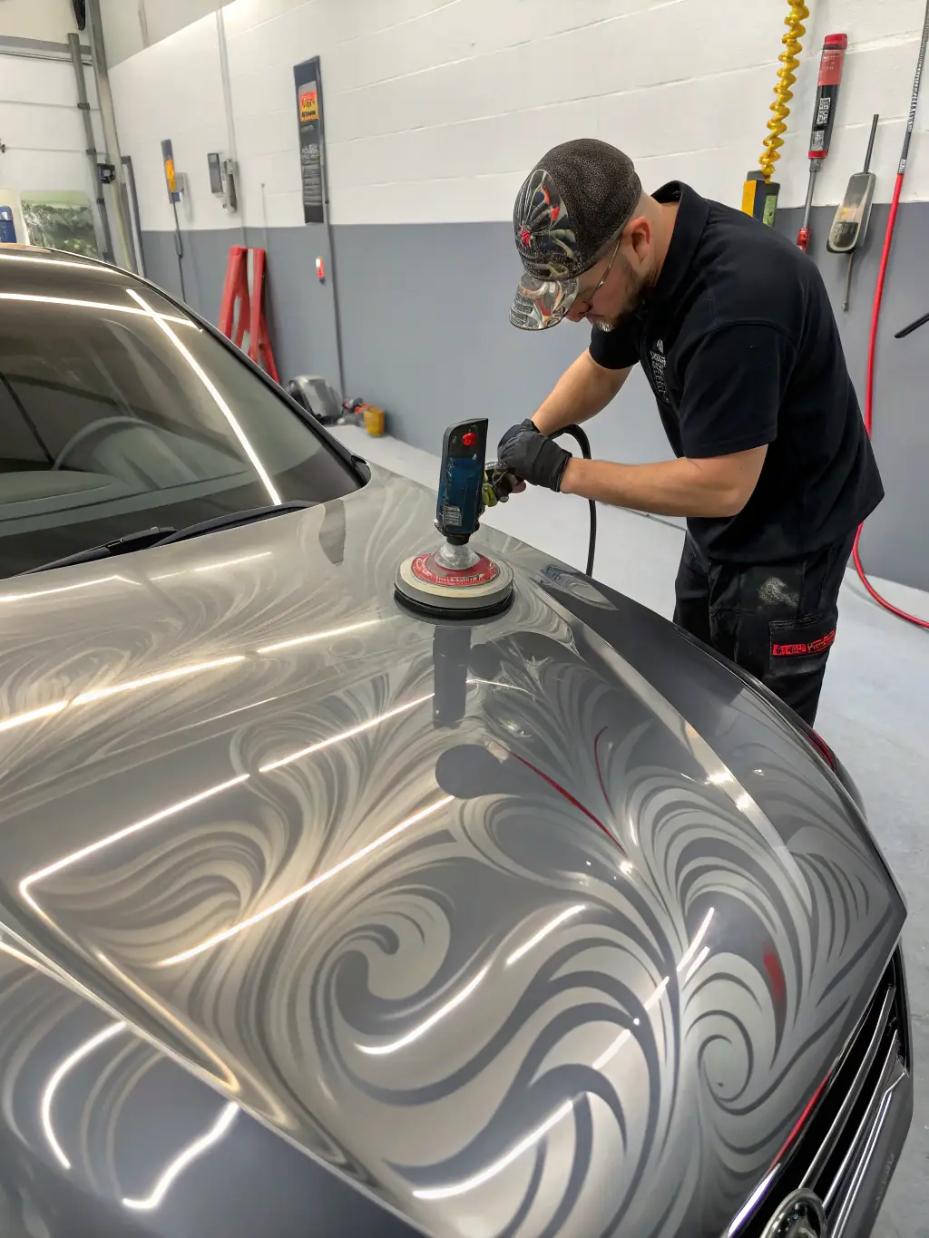 A close-up shot of a car's surface being polished during The Shine Lab's Premium Detailing Package, highlighting the paint correction process.