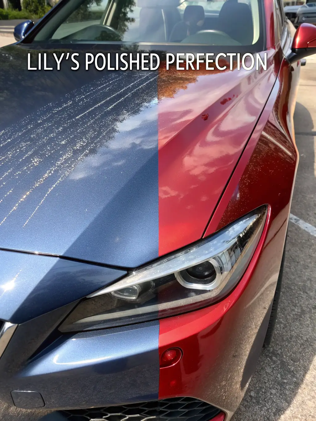 A before-and-after shot showcasing the dramatic difference in a car's appearance after receiving The Shine Lab's detailing services.