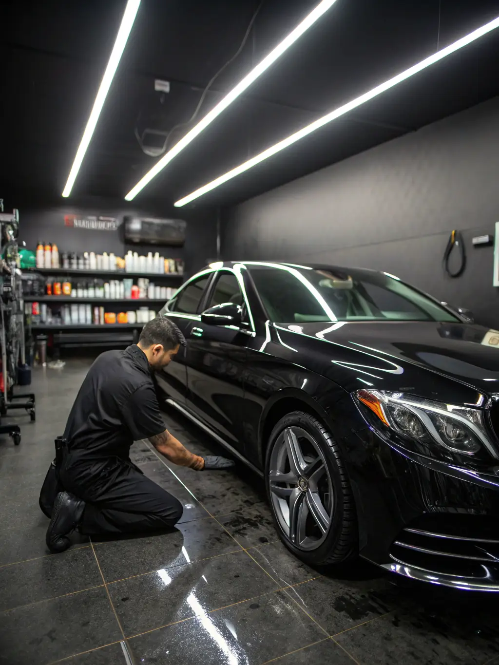 A gleaming black sedan after receiving The Shine Lab's Basic Detailing Package, showcasing a clean exterior and tidy interior.